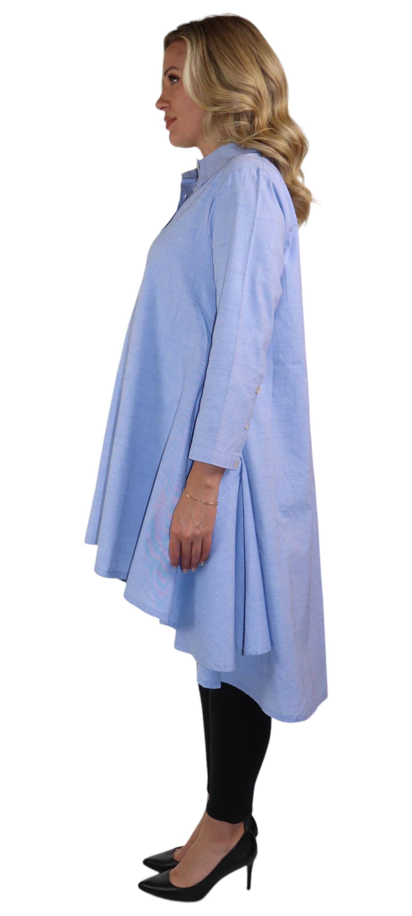 New Hi Low Button Down A Line Swing Dress Shirt,  Reg and Plus Sizes, Cotton Chambray