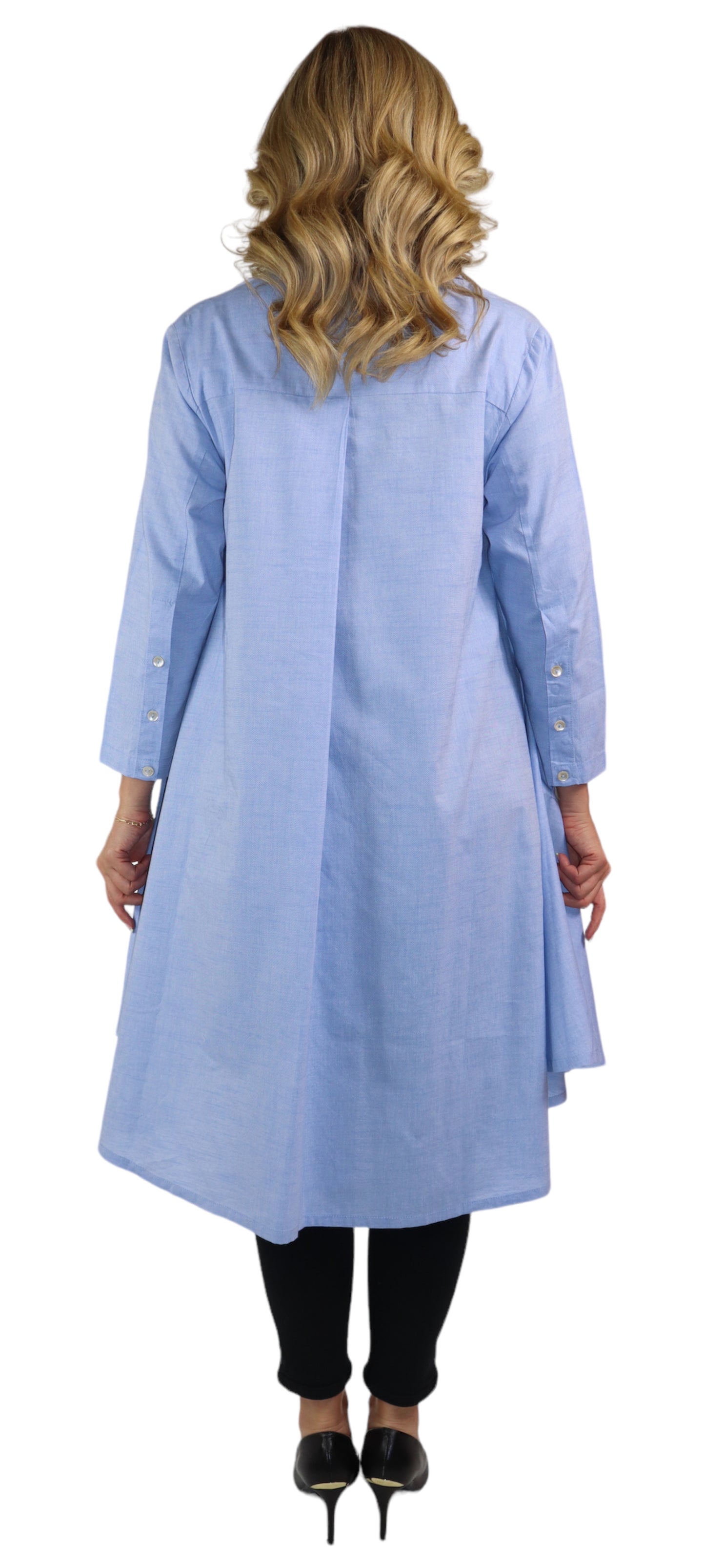 New Hi Low Button Down A Line Swing Dress Shirt,  Reg and Plus Sizes, Cotton Chambray