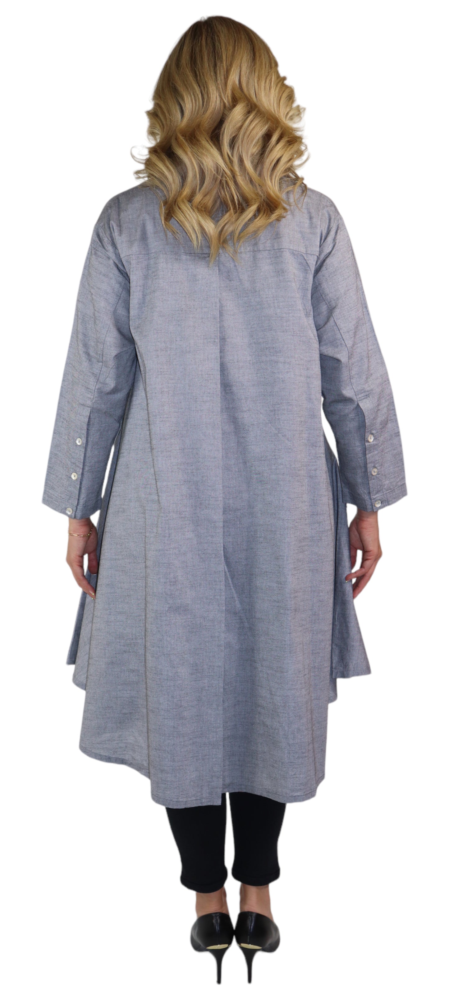 New Hi Low Button Down A Line Swing Dress Shirt,  Reg and Plus Sizes, Cotton Chambray