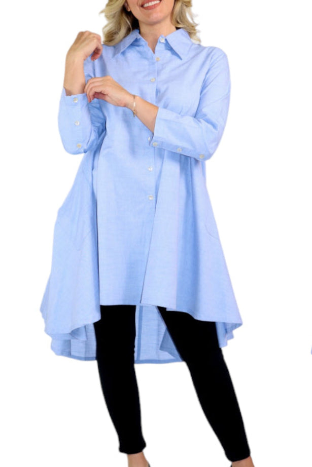 New Hi Low Button Down A Line Swing Dress Shirt,  Reg and Plus Sizes, Cotton Chambray