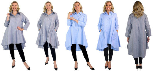 New Hi Low Button Down A Line Swing Dress Shirt,  Reg and Plus Sizes, Cotton Chambray