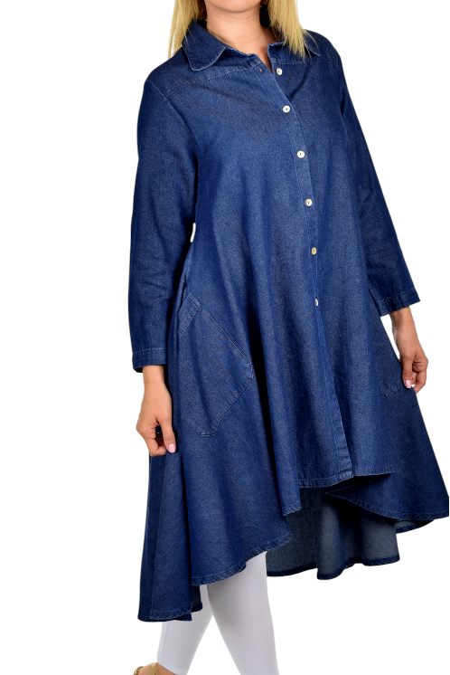 Hi Low Button Down A Line Swing Dress Shirt Top Reg and Plus Sizes