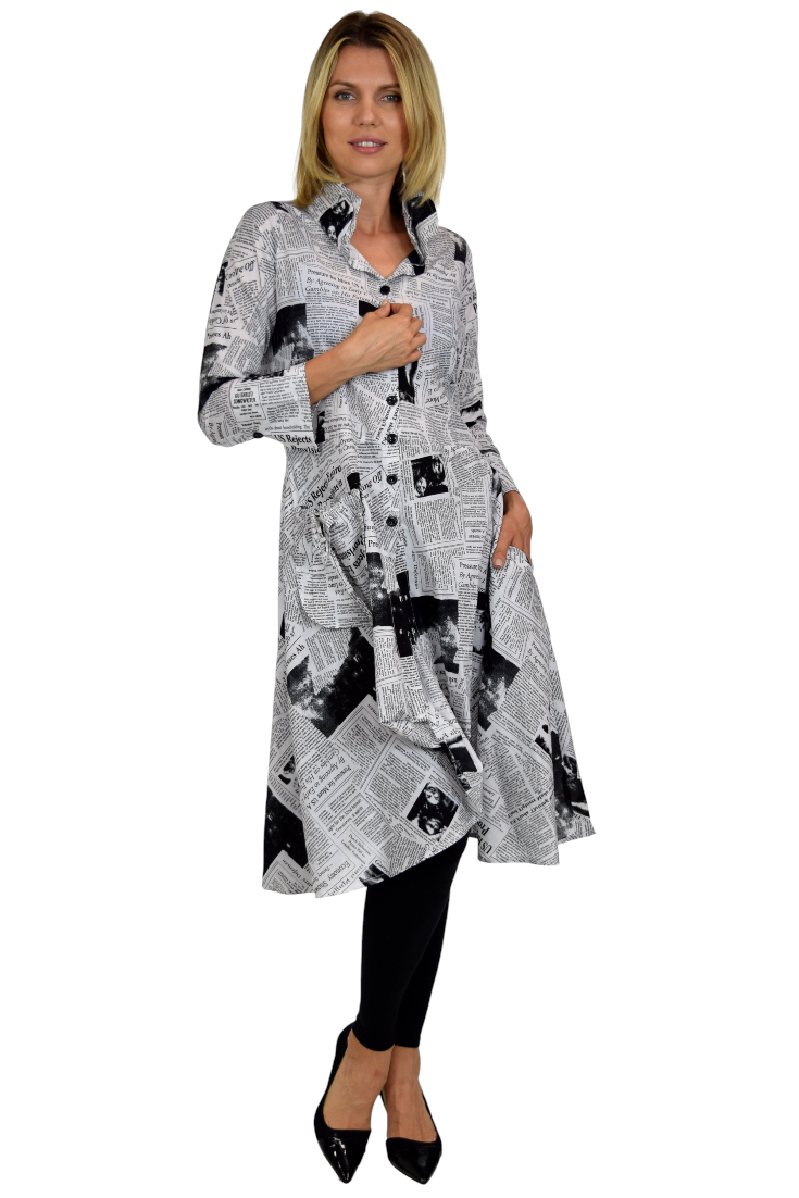Newspaper Print Shirt, Designer Shirt, Cotton Shirt, Long Shirt, Asymmetrical Shirt,