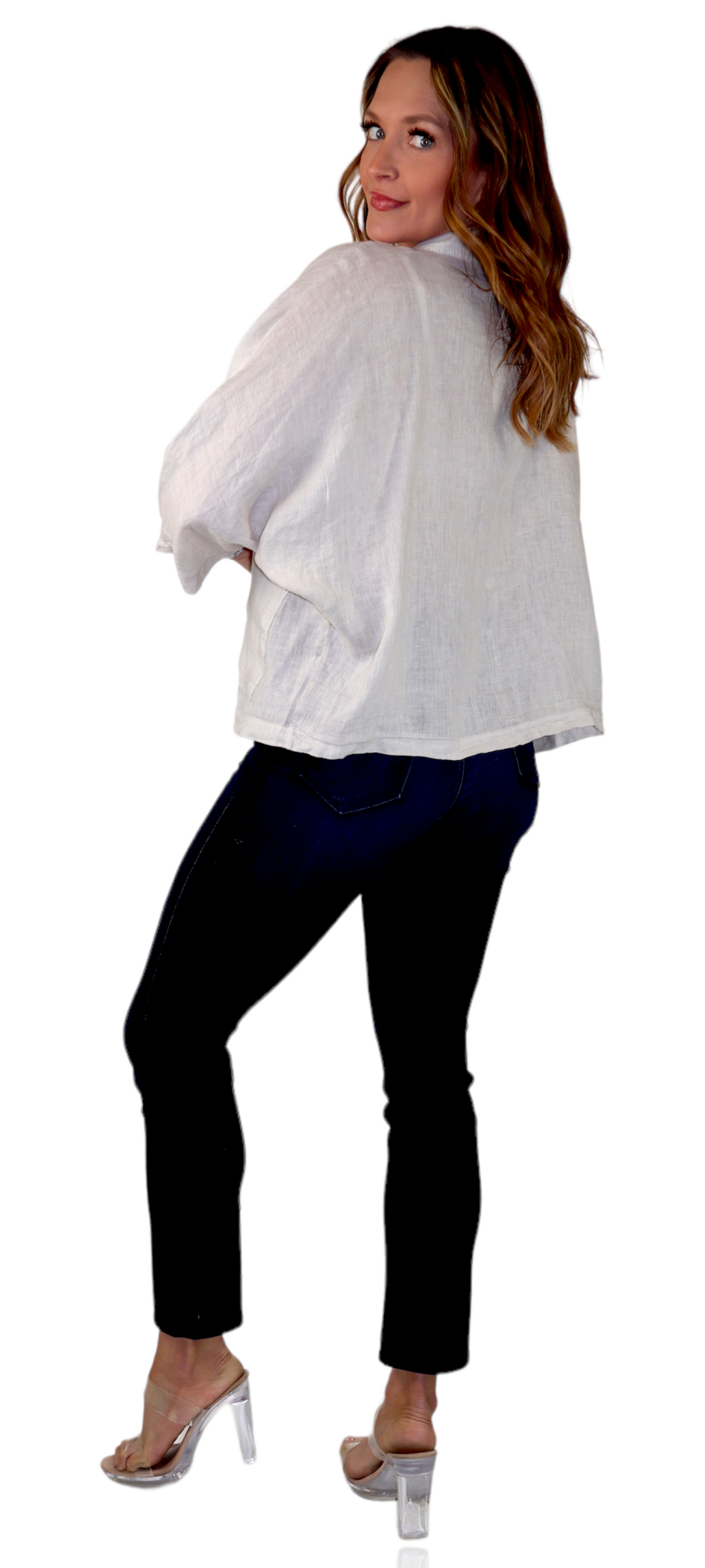 Womens 100% Natural Linen Loose Fit Short Crop Collared Blazer Jacket | One Size Fits All