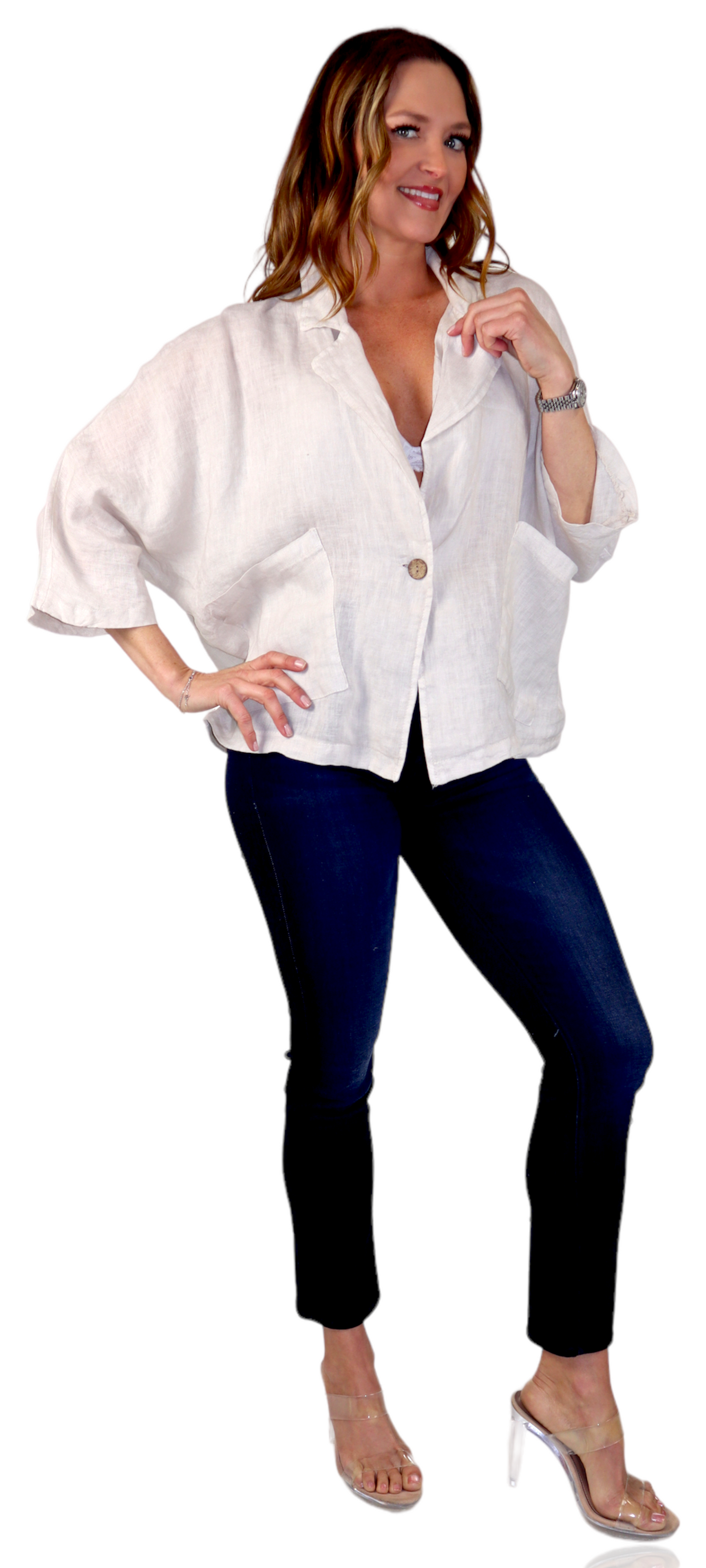 Womens 100% Natural Linen Loose Fit Short Crop Collared Blazer Jacket | One Size Fits All