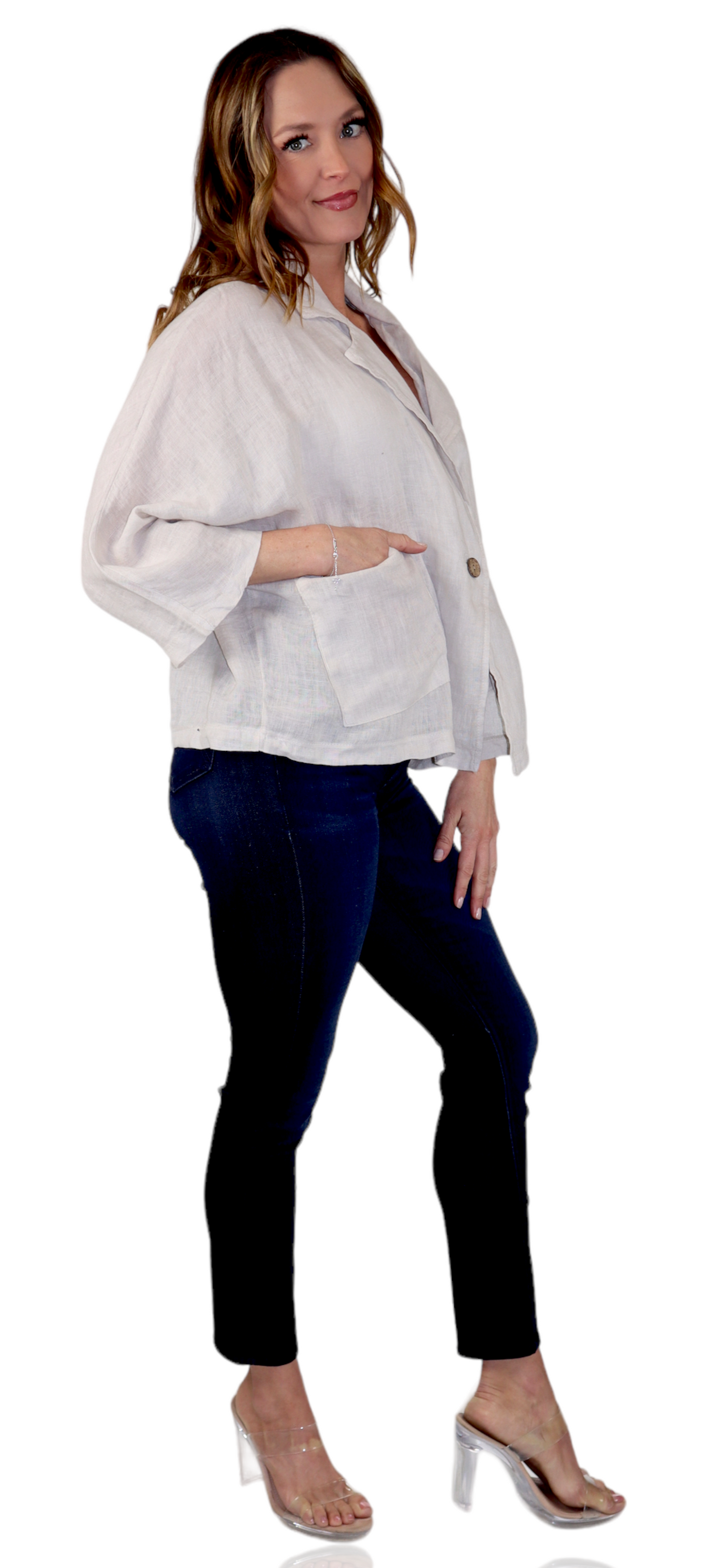 Womens 100% Natural Linen Loose Fit Short Crop Collared Blazer Jacket | One Size Fits All