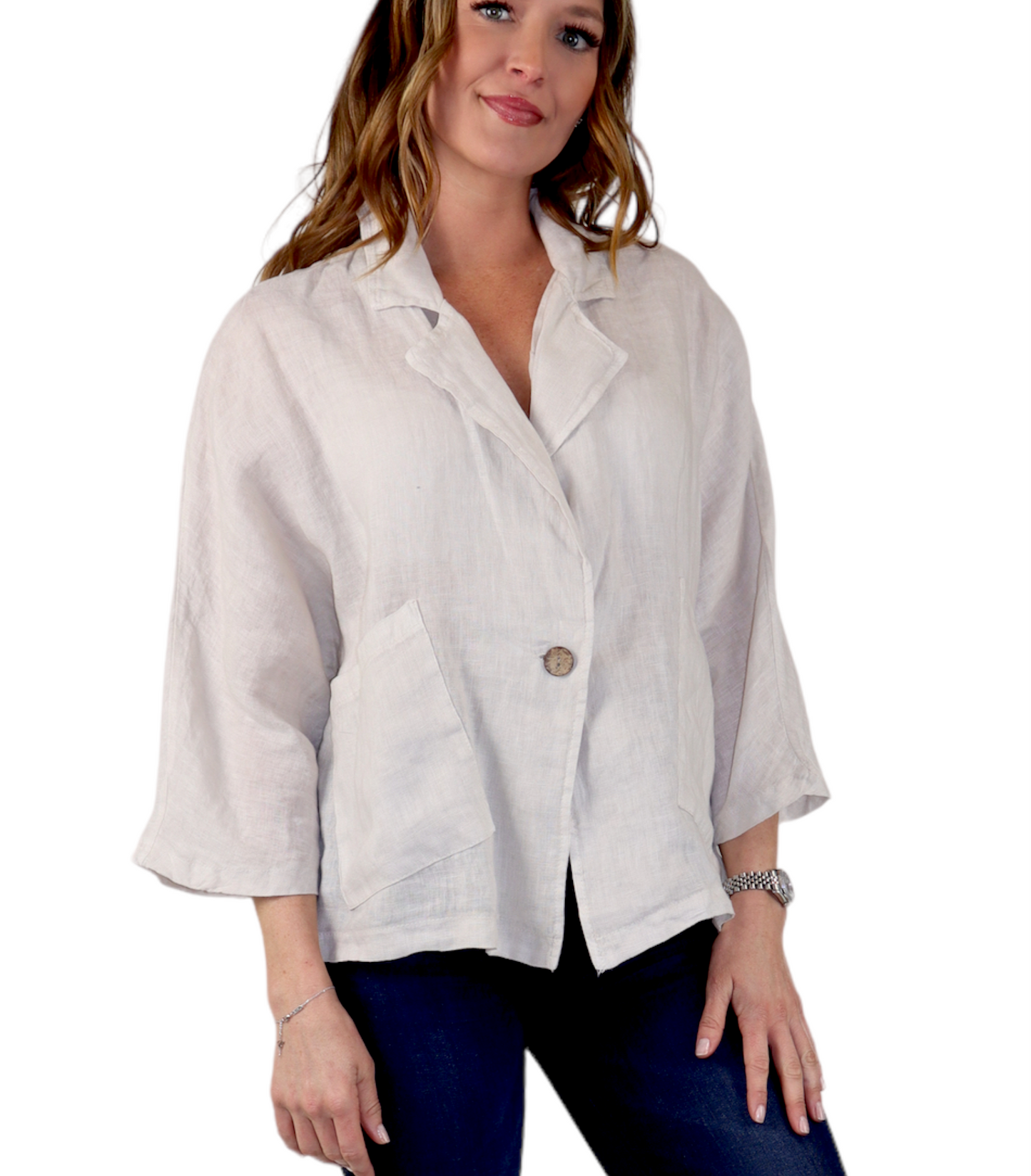 Womens 100% Natural Linen Loose Fit Short Crop Collared Blazer Jacket | One Size Fits All