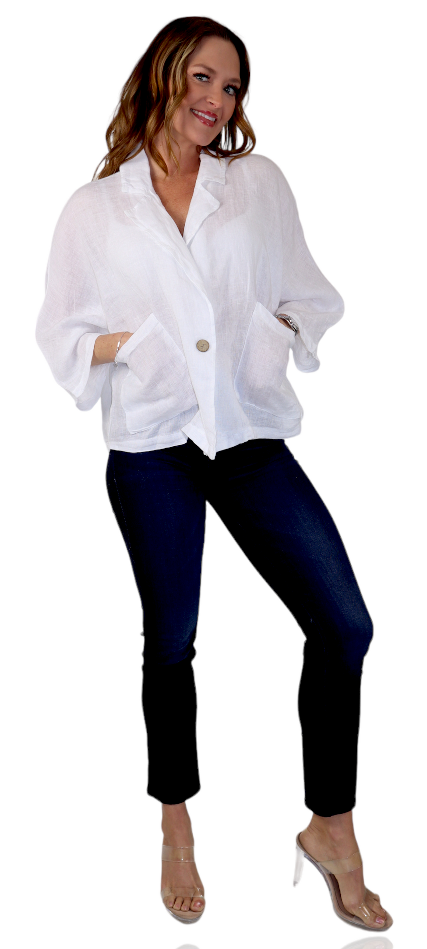 Womens 100% Natural Linen Loose Fit Short Crop Collared Blazer Jacket | One Size Fits All