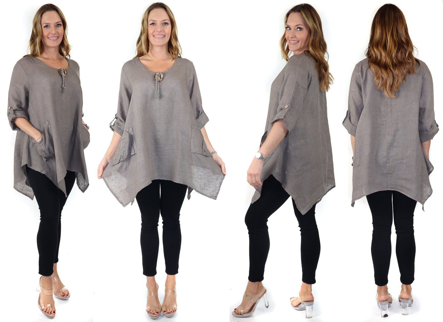 Womens Linen Relaxed Fit Oversized Tunic Blouse Top with Front Pockets and Asymmetrical Hem | Regular and Plus Sizes