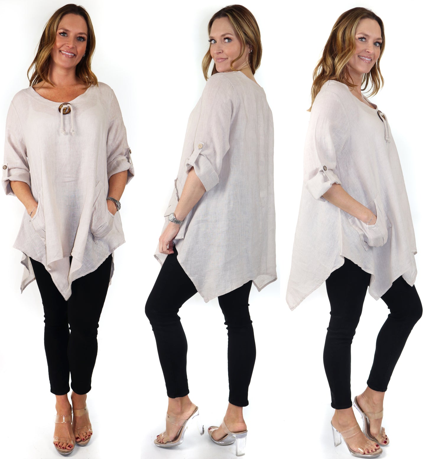 Womens Linen Relaxed Fit Oversized Tunic Blouse Top with Front Pockets and Asymmetrical Hem | Regular and Plus Sizes