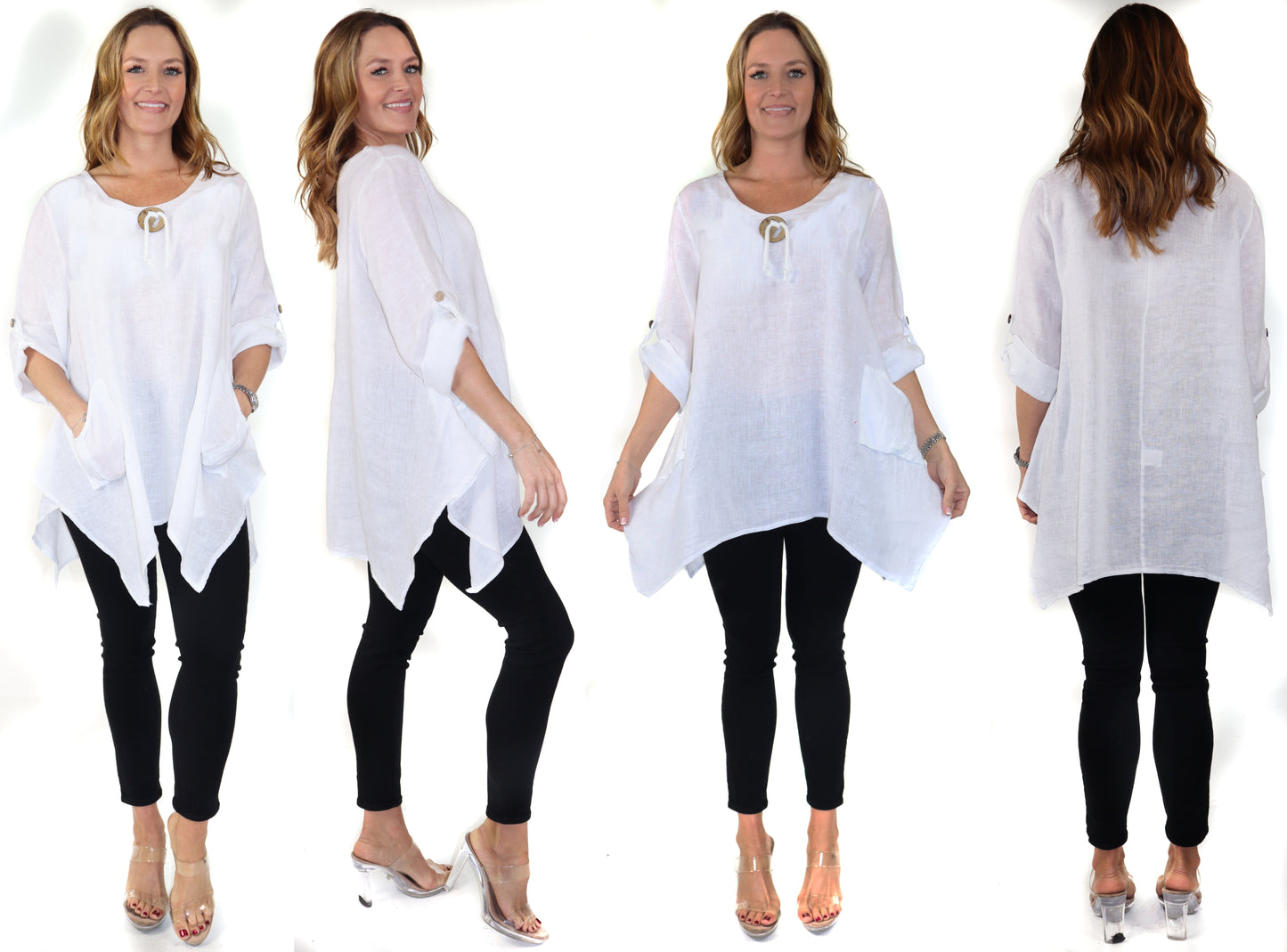 Womens Linen Relaxed Fit Oversized Tunic Blouse Top with Front Pockets and Asymmetrical Hem | Regular and Plus Sizes