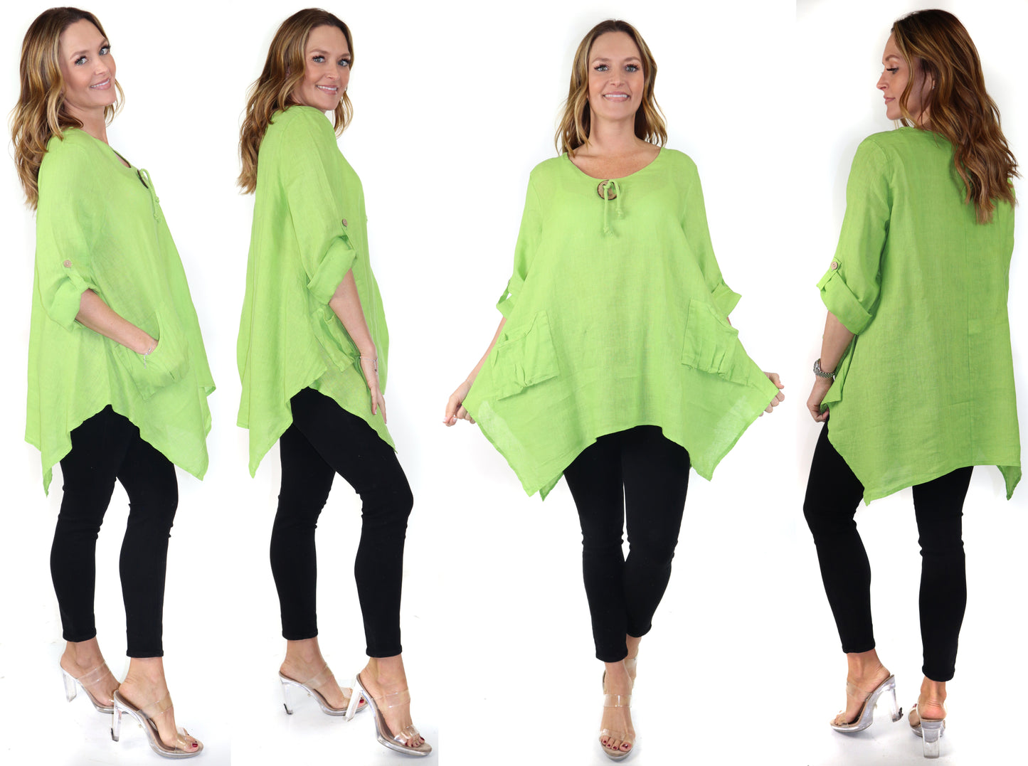 Womens Linen Relaxed Fit Oversized Tunic Blouse Top with Front Pockets and Asymmetrical Hem | Regular and Plus Sizes