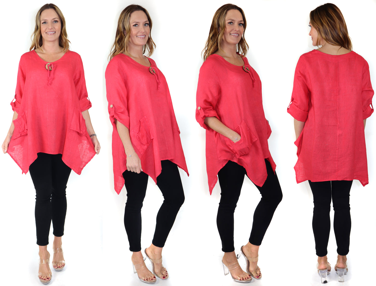 Womens Linen Relaxed Fit Oversized Tunic Blouse Top with Front Pockets and Asymmetrical Hem | Regular and Plus Sizes