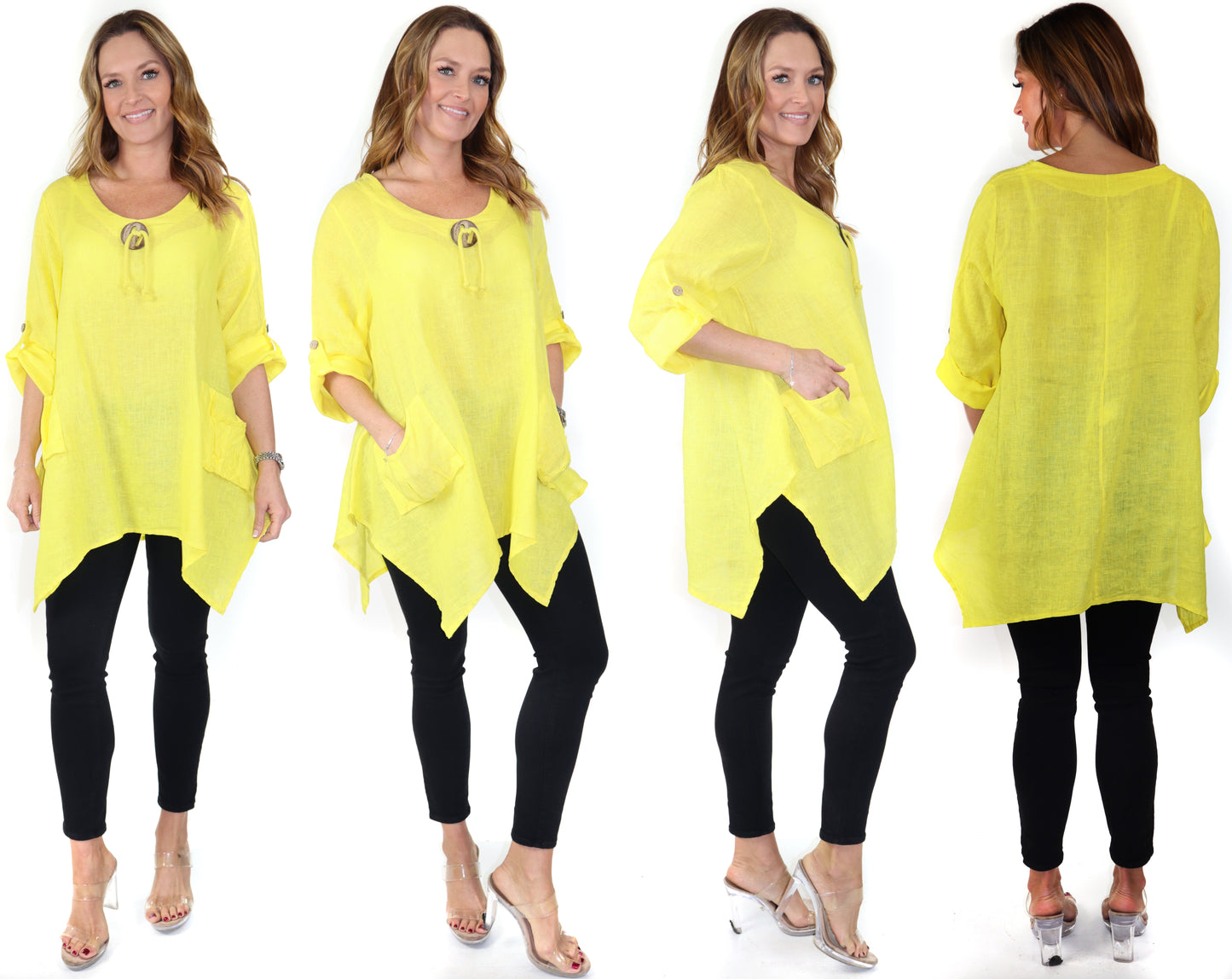 Womens Linen Relaxed Fit Oversized Tunic Blouse Top with Front Pockets and Asymmetrical Hem | Regular and Plus Sizes