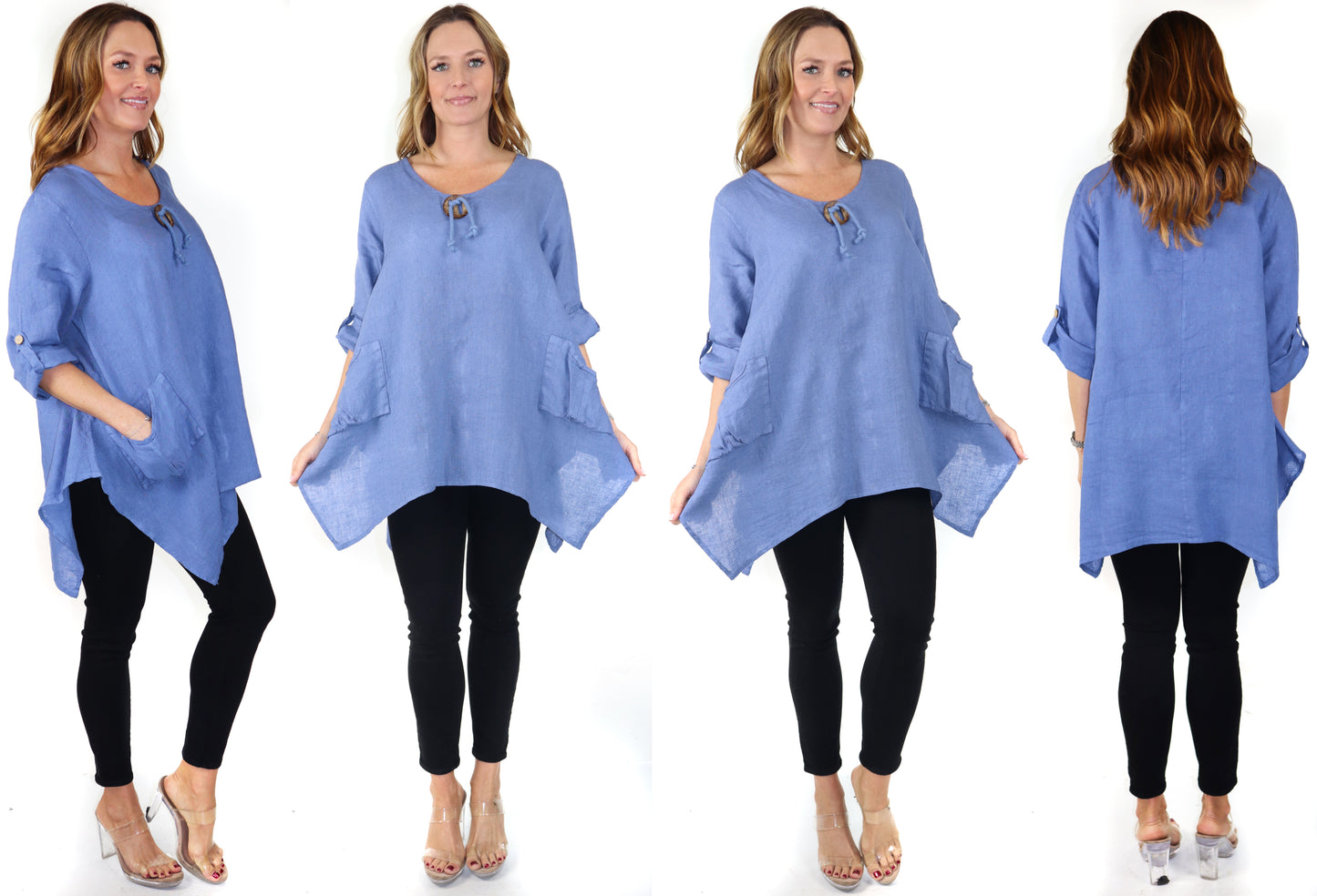 Womens Linen Relaxed Fit Oversized Tunic Blouse Top with Front Pockets and Asymmetrical Hem | Regular and Plus Sizes