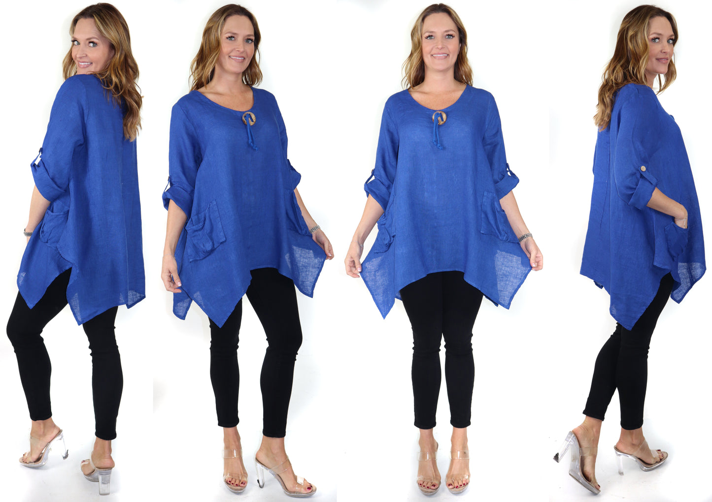 Womens Linen Relaxed Fit Oversized Tunic Blouse Top with Front Pockets and Asymmetrical Hem | Regular and Plus Sizes
