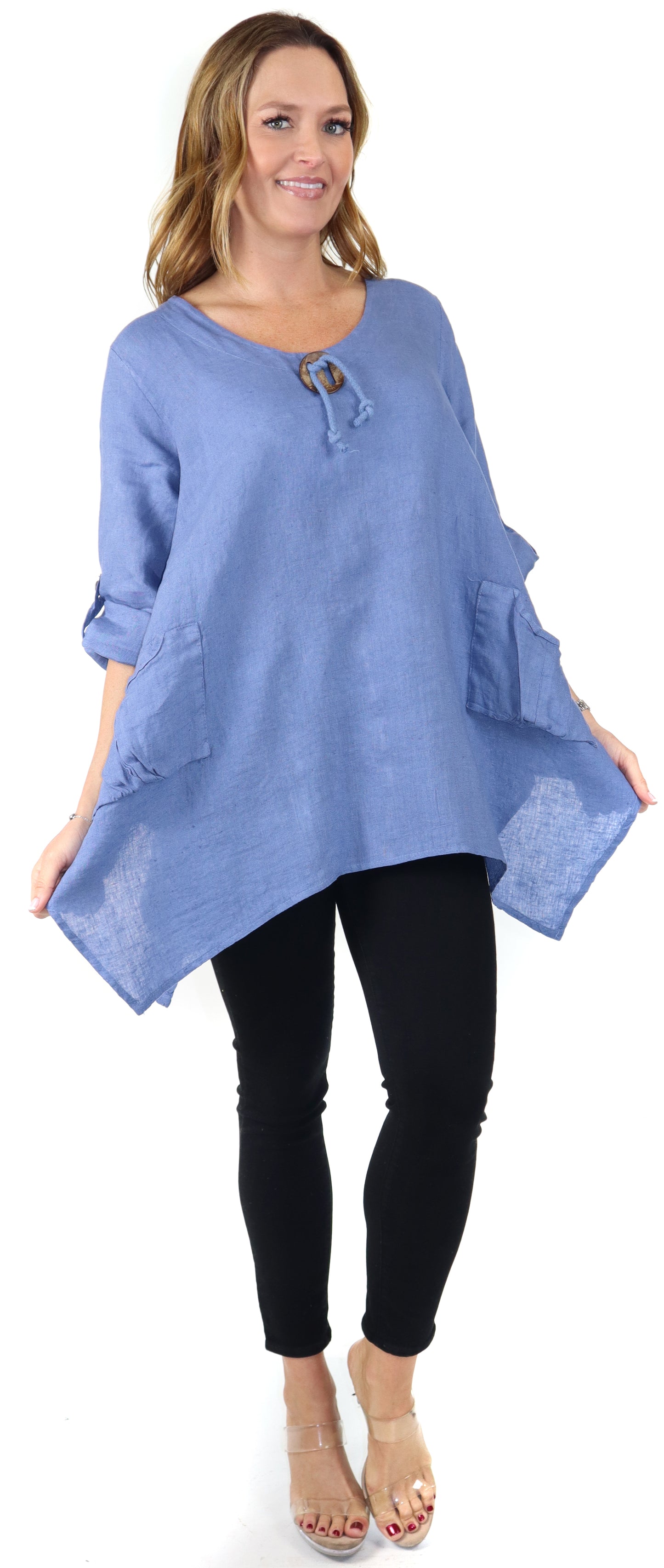 Womens Linen Relaxed Fit Oversized Tunic Blouse Top with Front Pockets and Asymmetrical Hem | Regular and Plus Sizes