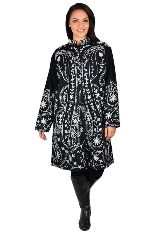 Embroidered wool coat, Embellished wool coat, Women Coat, Wool Coat, Swing Coat, Hi low Coat, Lagenlook coat, Winter coat, Wool jacket