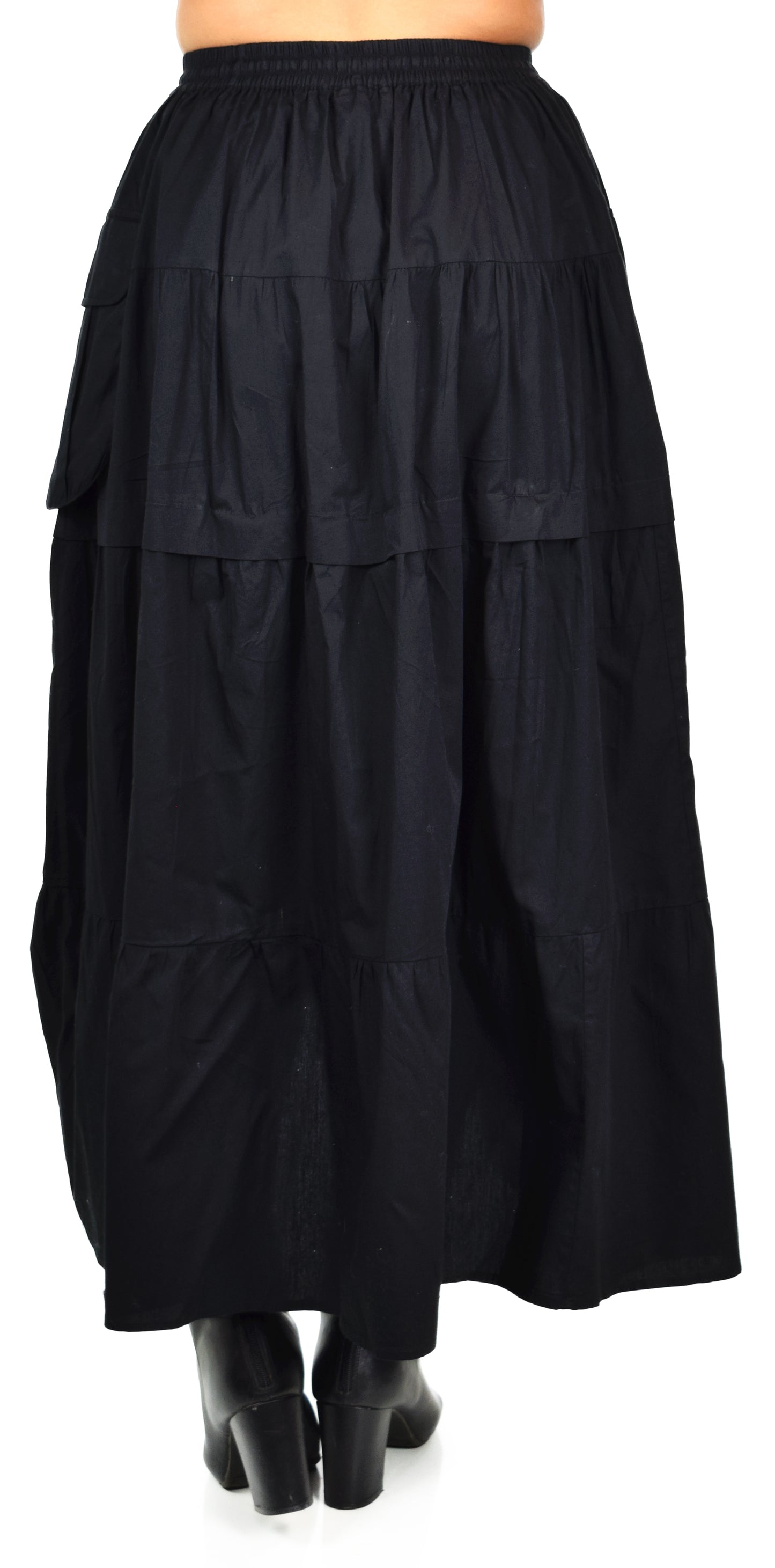 Women Black Plus Size Broomstick Skirt, 3 Tiered Midi Ruffle Skirt
