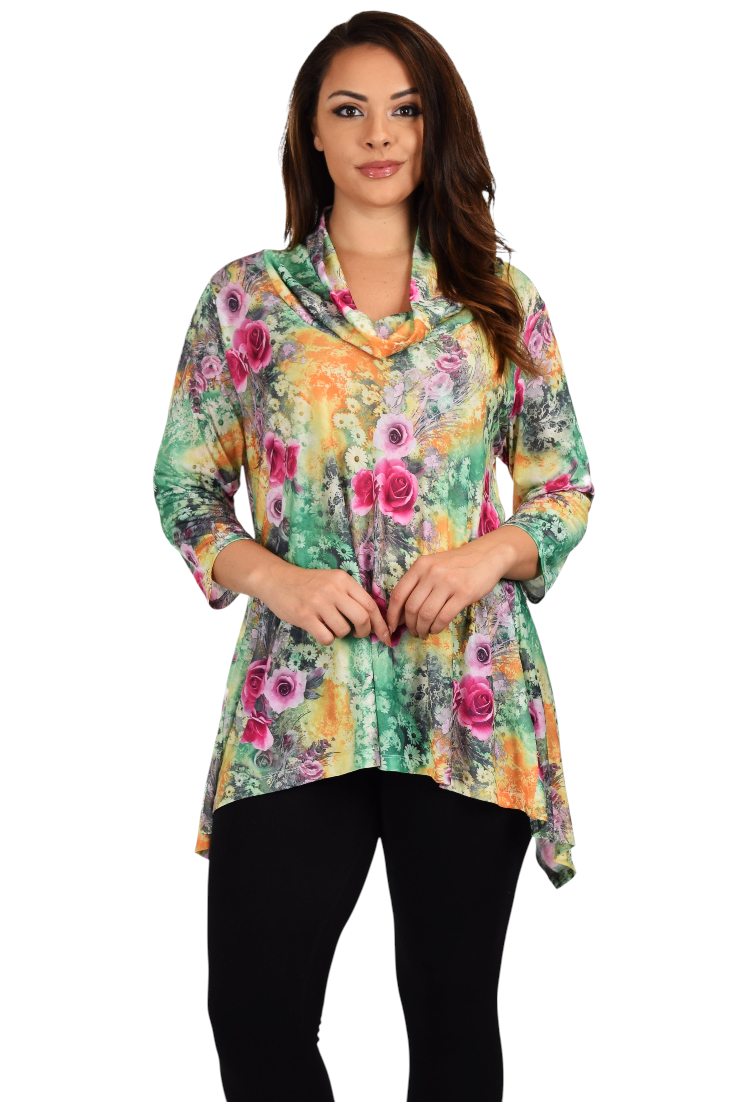 New Royal Concepts Flower Digital Print Tunic, Plus Size Tunic, Cowl Neck Tunic. Ample stretch 1XL TO 4XL