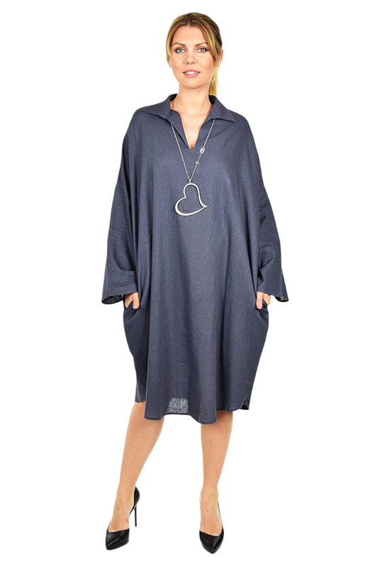 Oversized Linen Lagenlook V-Neck Collar Dress with Side Pockets,  Linen Blouse, Women Linen Tunic, One Size Fits All