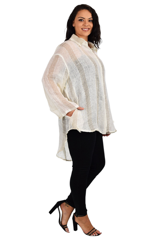 Women's Linen Gauze Blouse,  High Low Button Down Linen Shirt , Semi Sheer Linen Gause Tunic, Regular & Plus Sizes