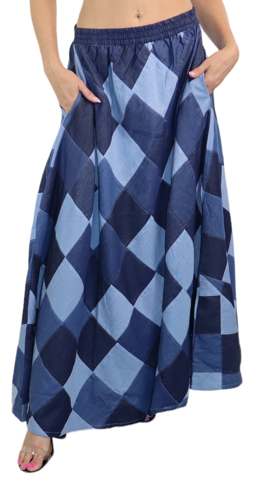 Denim Checkered A line Bohemian Flared Skirt with Elastic Waist
