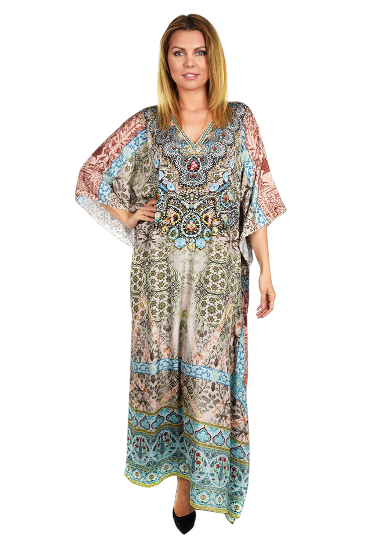 Summer Chiffon Kaftan w/ Embellished Rhinestone Work V Neck | Caftan Dress | Cover Up