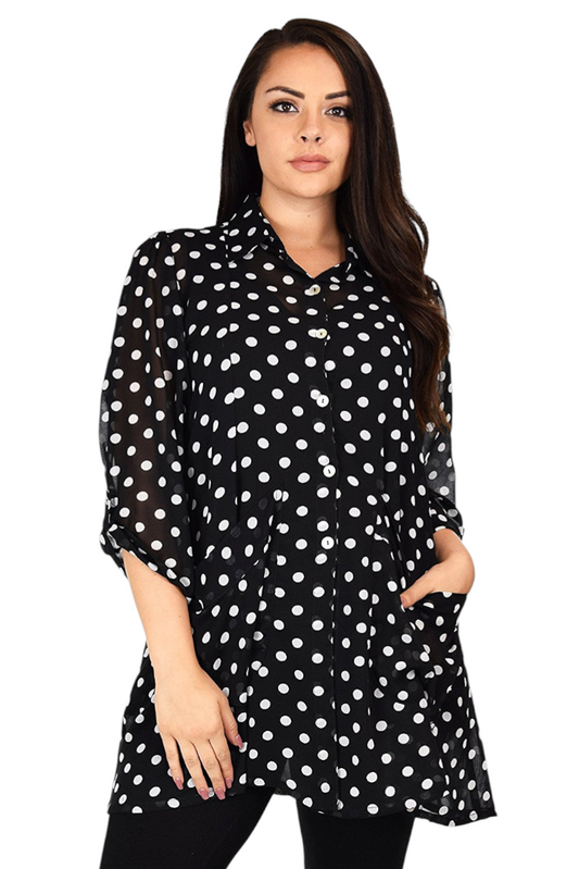 Button Down Semi-Sheer Tunic Blouse Shirt w/ Roll Up Sleeves