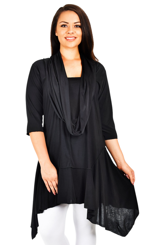 ComfyPlus Crazy Cuts long Lagenlook Plus Size and Regular size Tunic Dress with Mock Front Scarf. Free Shipping Limited Time