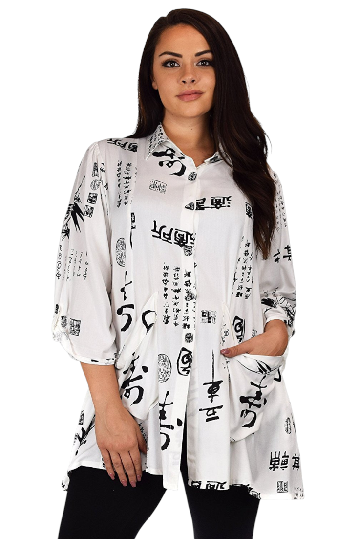 Button Down Tunic Blouse Shirt w/ Roll Up Sleeves
