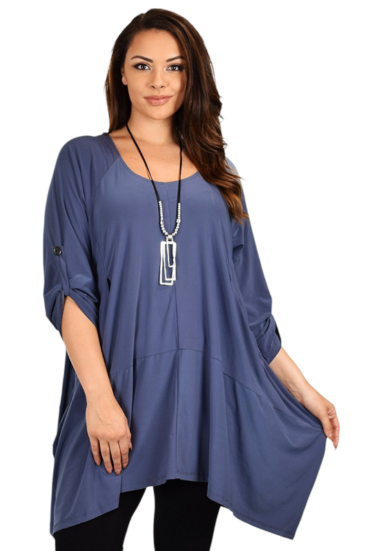 Asymmetrical Lagenlook Tunic, Fishtail Tunic , European inspired Tunic Top w/ Roll Up Sleeves Plus Size