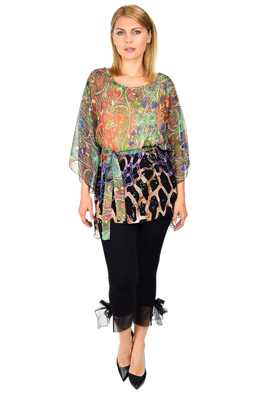 Summer Chiffon Poncho top, Caftan top, Semi sheer Tunic, Cover Up with Adjustable Belt