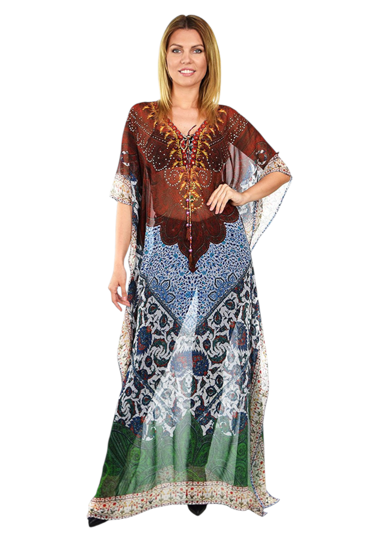 Semi Sheer Chiffon Digital Print Embellished Caftan Kaftan Rhinestone Work V Neck / Caftan Dress/ Cover Up