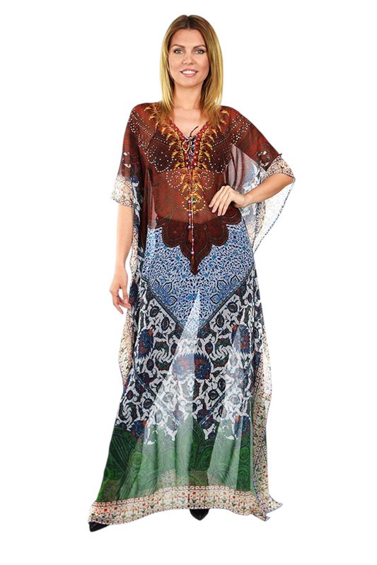 Semi Sheer Chiffon Digital Print Embellished Caftan Kaftan Rhinestone Work V Neck / Caftan Dress/ Cover Up