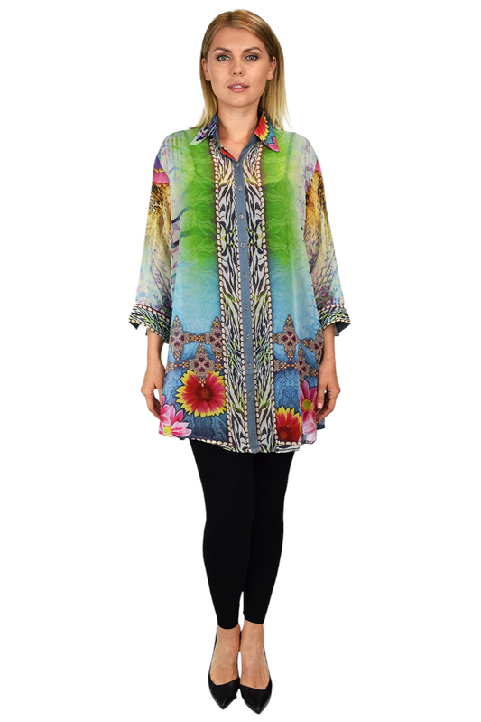 Artsy Semi Sheer Blouse, Chiffon Blouse,Button Down Blouse, Collared Exotic Print Shirt