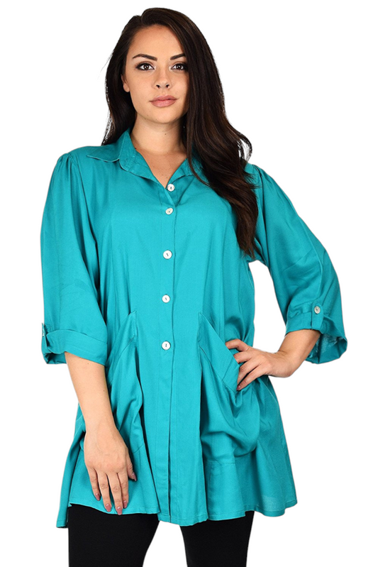 Button Down Tunic Blouse Shirt w/ Roll Up Sleeves