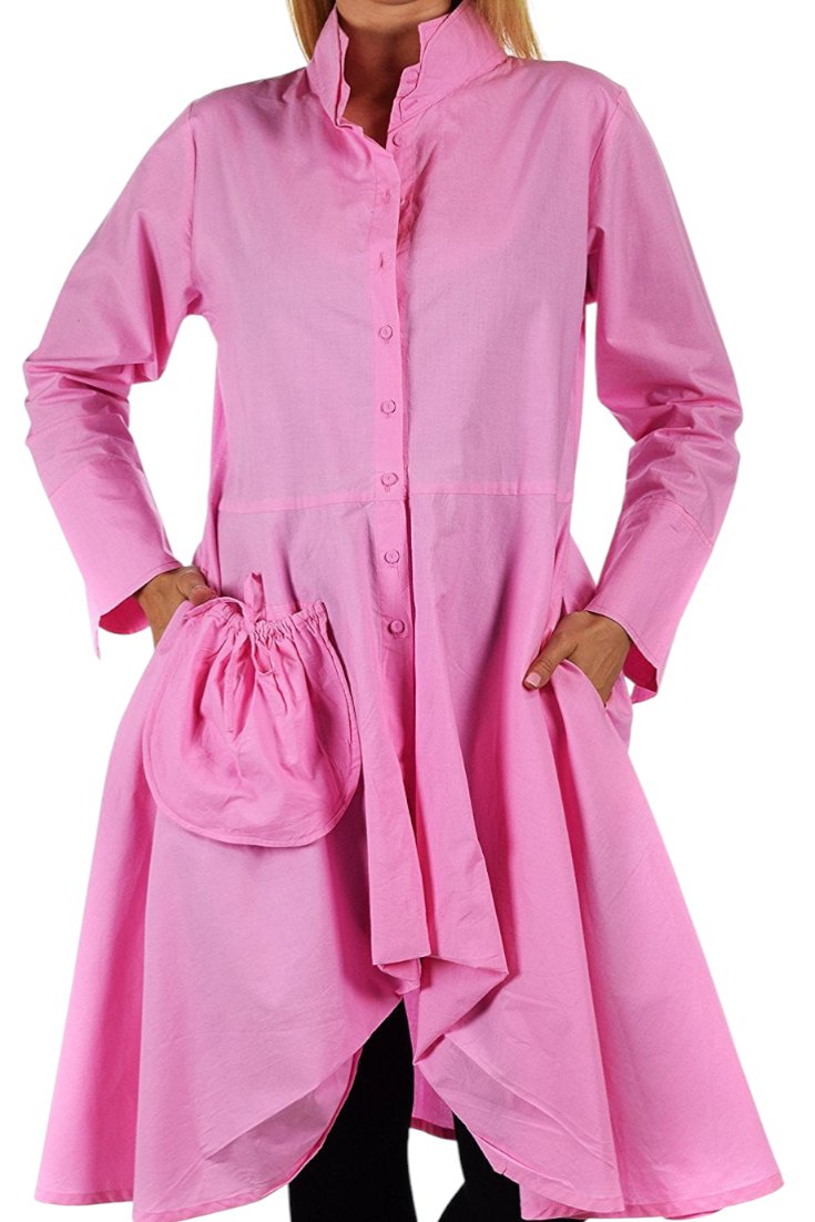 Hi Lo Banded Collar Button Down A Line Swing Dress Shirt Top