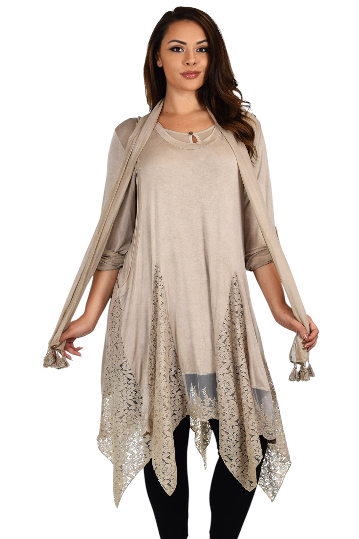 Dare2bStylish Women Plus Size Asymmetrical Lace Tunic Blouse Top Set with Scarf, 3 pc tunic set, Plus size tunic set