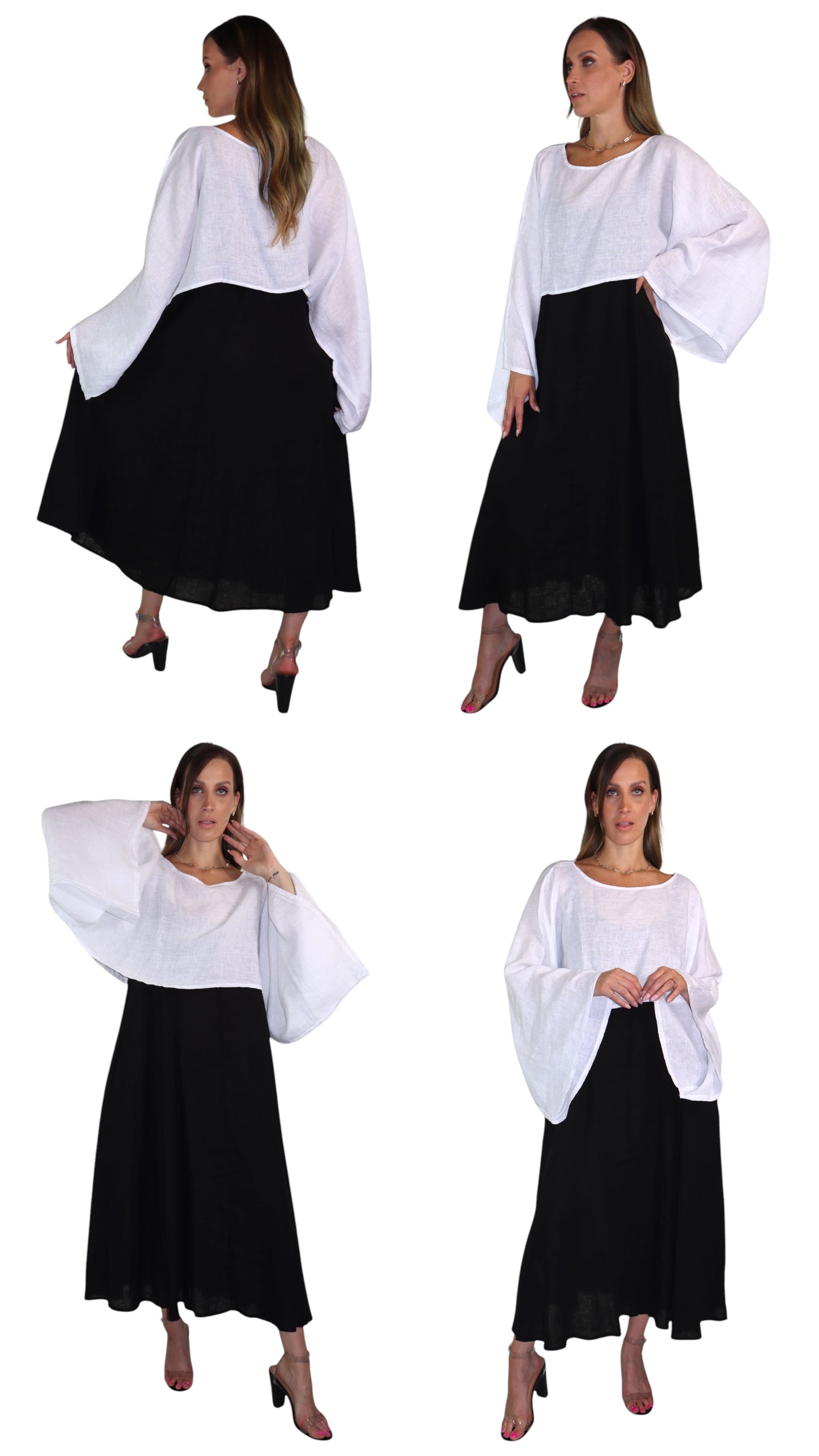 Womens 2 Piece Linen High Fashion Bell Sleeved Flounce Crop Top and Sleeveless Dress Set | One Size (Fits S-L)