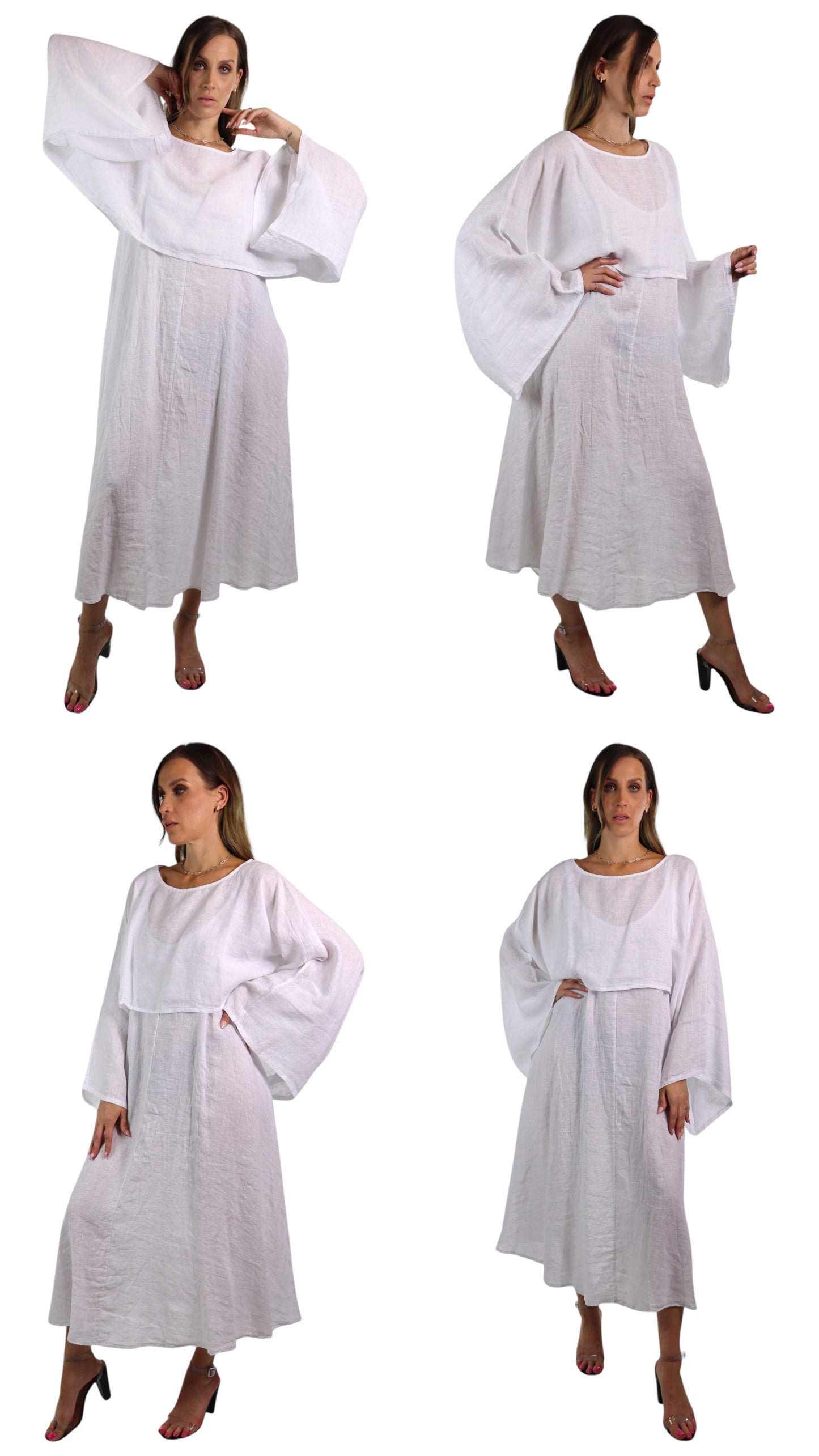 Womens 2 Piece Linen High Fashion Bell Sleeved Flounce Crop Top and Sleeveless Dress Set | One Size (Fits S-L)