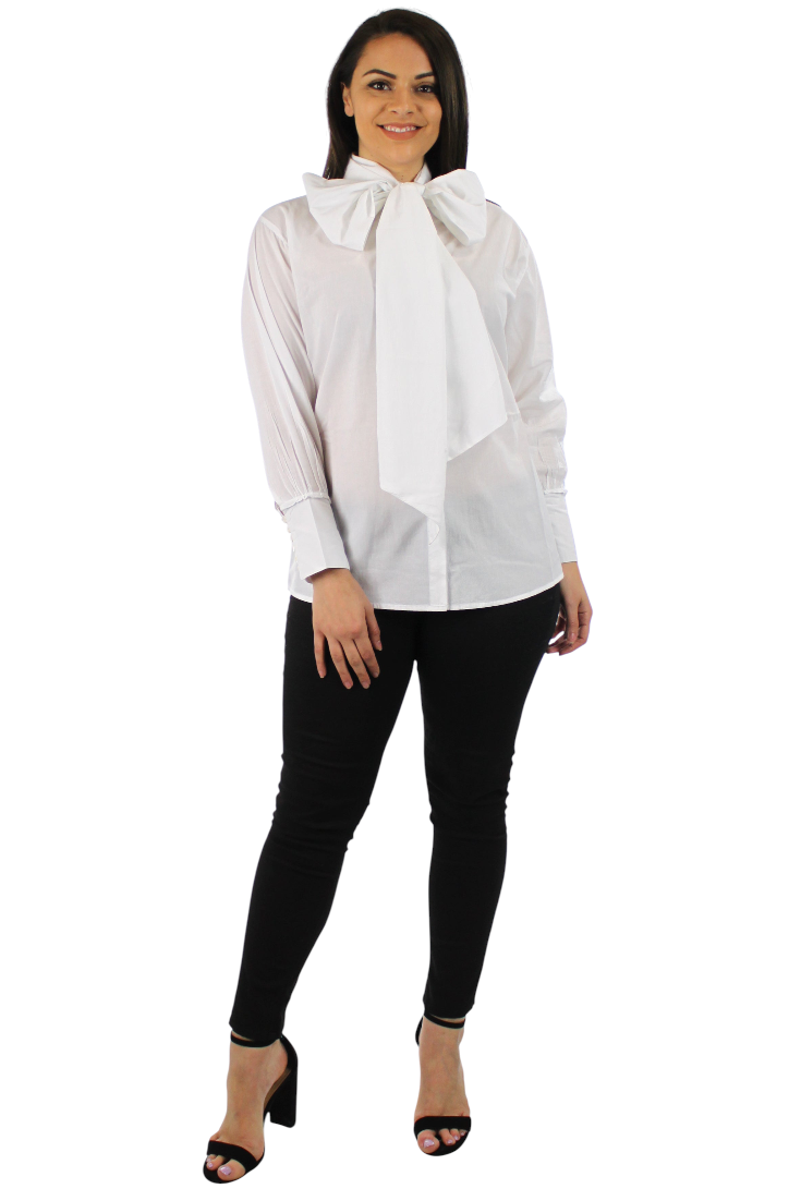 Organic Cotton Bow Scarf shirt, Cotton Shawl Blouse Plus size Blouse, Designer Cotton Blouse,  High end Cotton Blouse, Women Cotton blouse