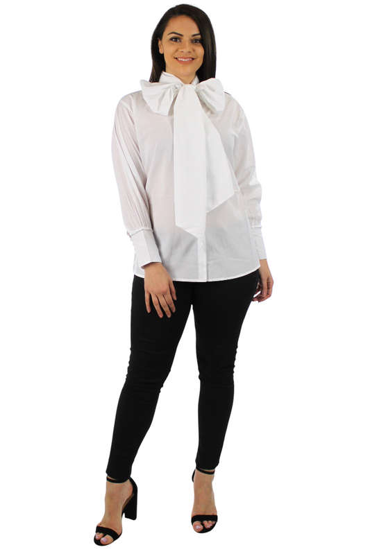 Organic Cotton Bow Scarf shirt, Cotton Shawl Blouse Plus size Blouse, Designer Cotton Blouse,  High end Cotton Blouse, Women Cotton blouse