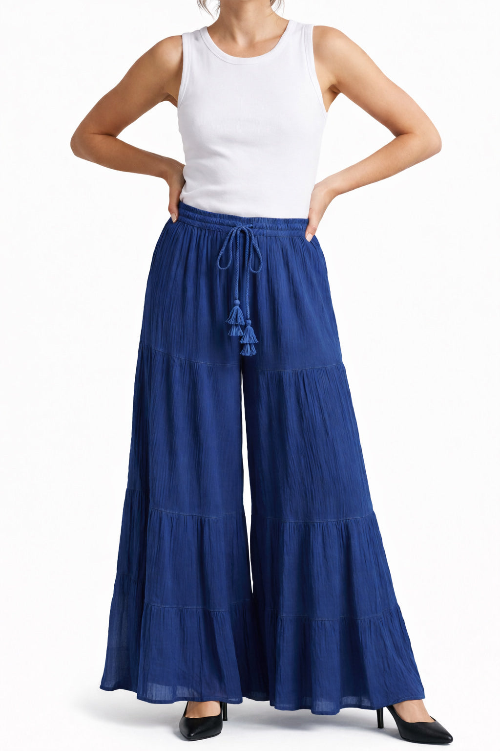 Boho Tiered Wide Leg Palazzo Pants, Crinkle Rayon Gauze Gypsy Hippie Trousers