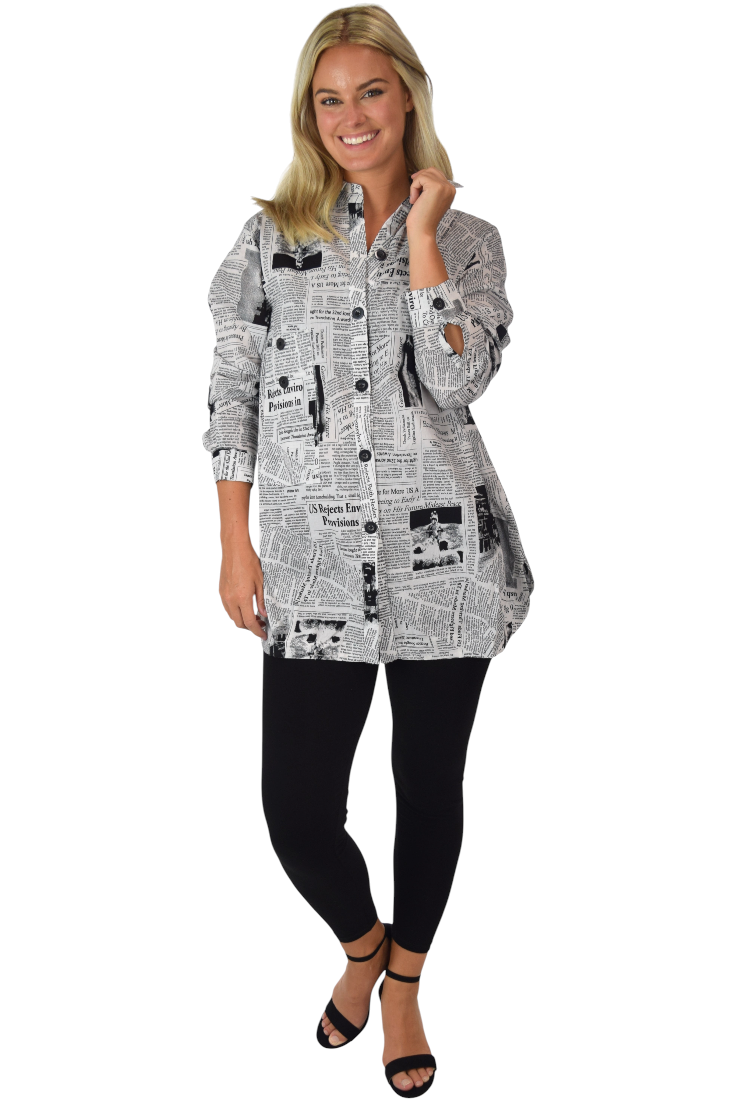 Newspaper Print Shirt, Cotton Blouse, Designer Blouse, Newspaper Print Blouse.