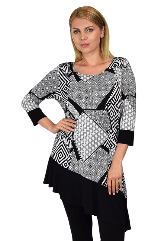 Black and White Abstract Print Tunic Blouse Shirt Top |Reg & Plus Sizes