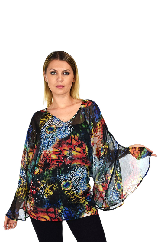 Beaded Butterfly Sleeve Tunic Blouse Top / Cover Up | Reg & Plus Sizes