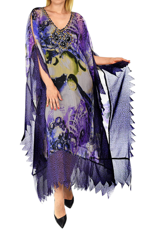 Beaded Stonework Caftan Poncho Tunic Top | Cover Up | Reg & Plus Sizes