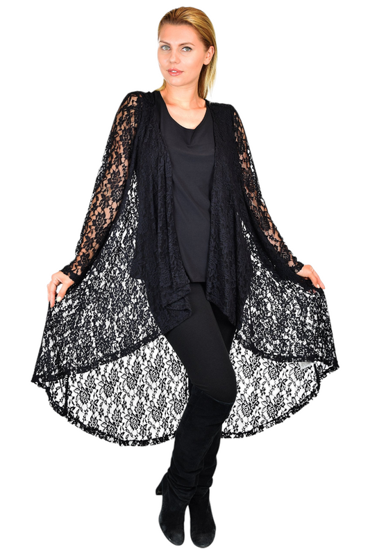 Dare2bStylish Women Plus Size High Low Open Front Lace Duster Cardigan Jacket