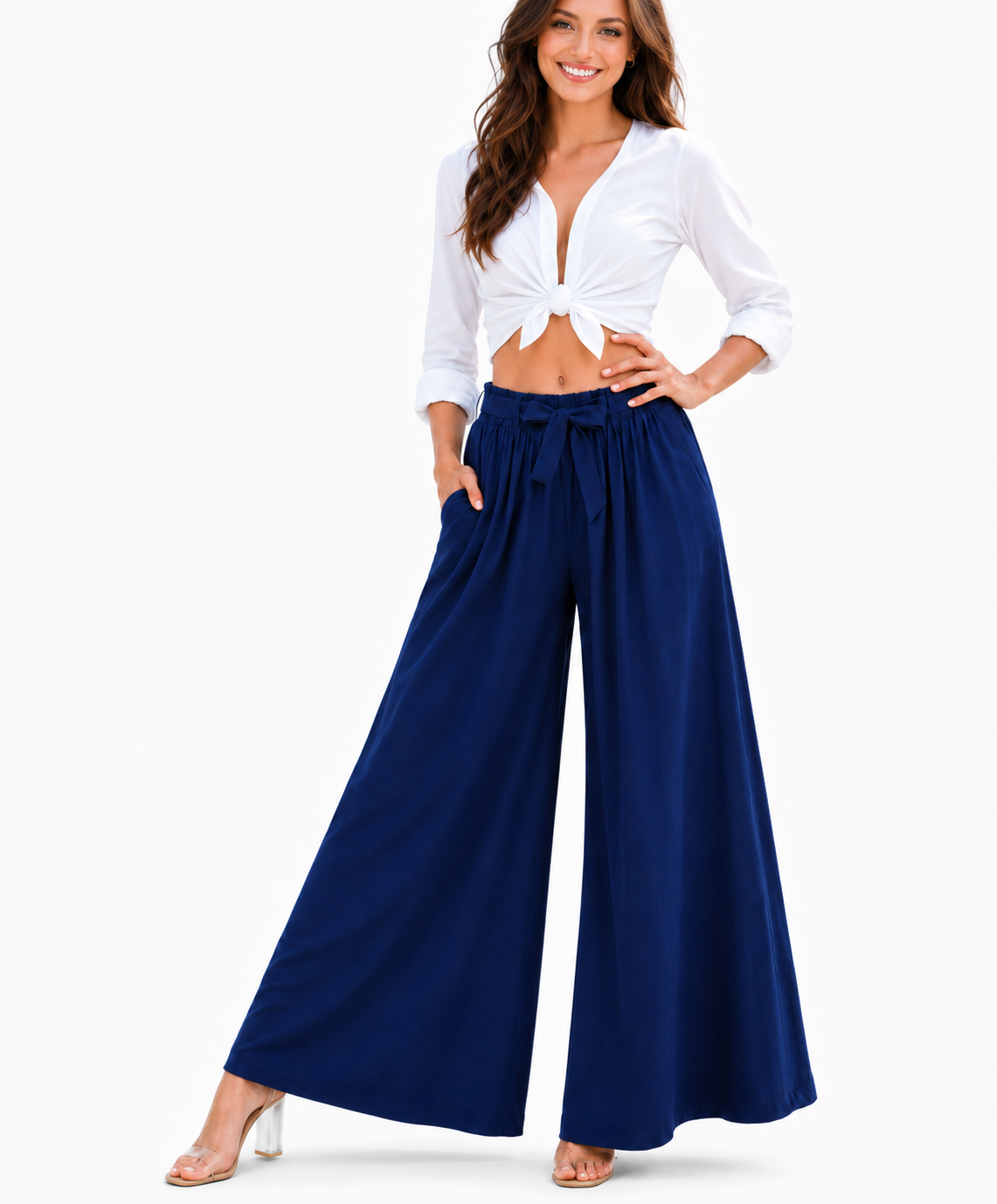 Elegant Extra-Wide Linen-Blend Palazzo Pants with side pockets, women wide leg pants